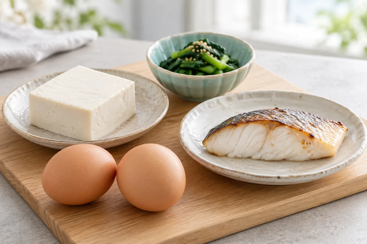 豆腐・卵・焼き魚・野菜を並べたまな板