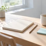 白紙のノートと鉛筆、お茶を置いた窓辺の机