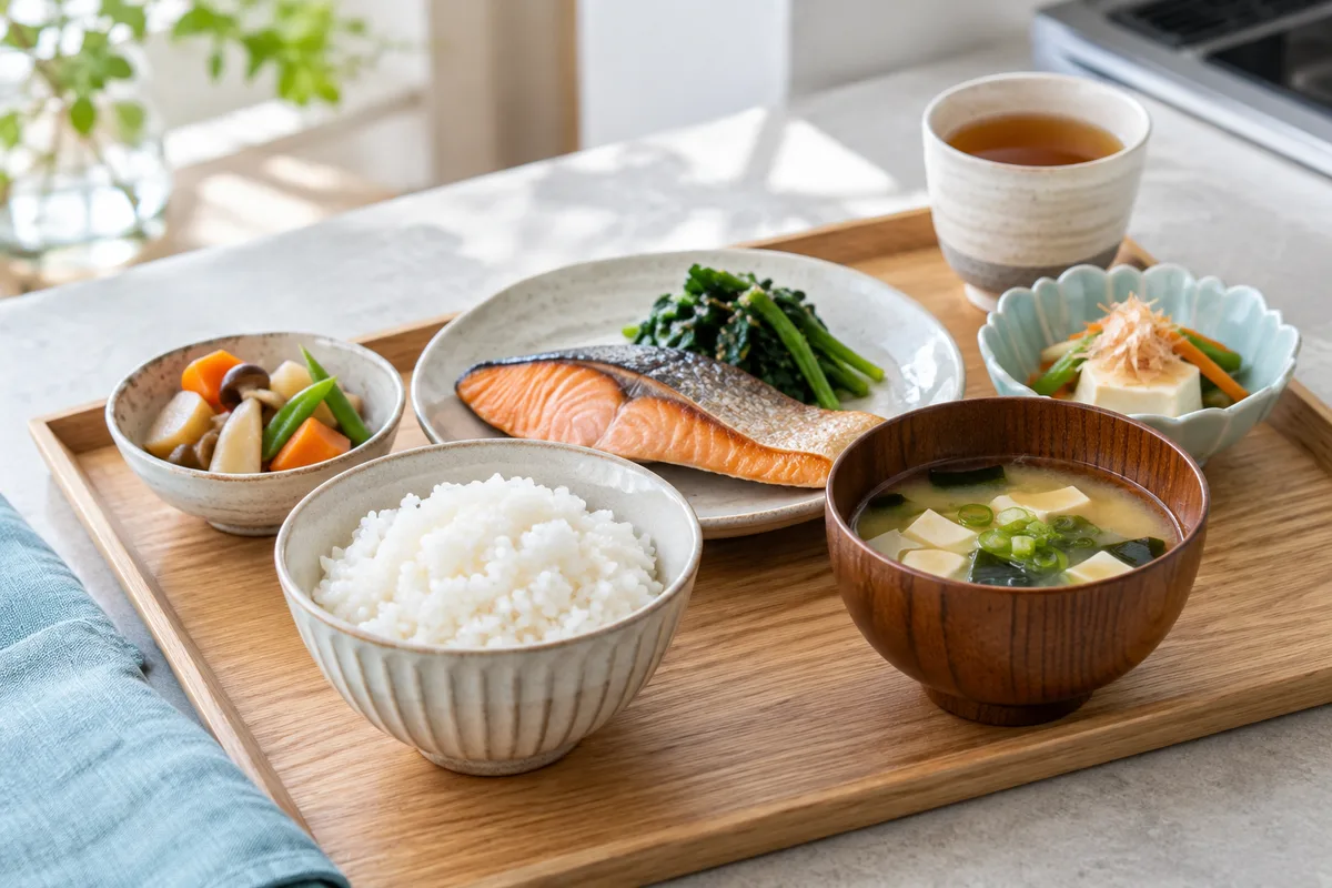 明るいキッチンの木のトレーに並べた、ご飯・味噌汁・焼き鮭とほうれん草・豆腐の小鉢・麦茶の昼食