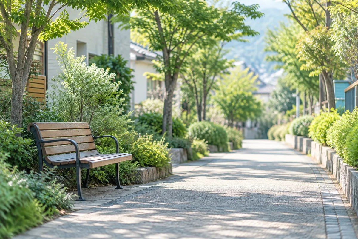 朝の光がやわらかく差す、木のベンチがある並木の静かな散歩道
