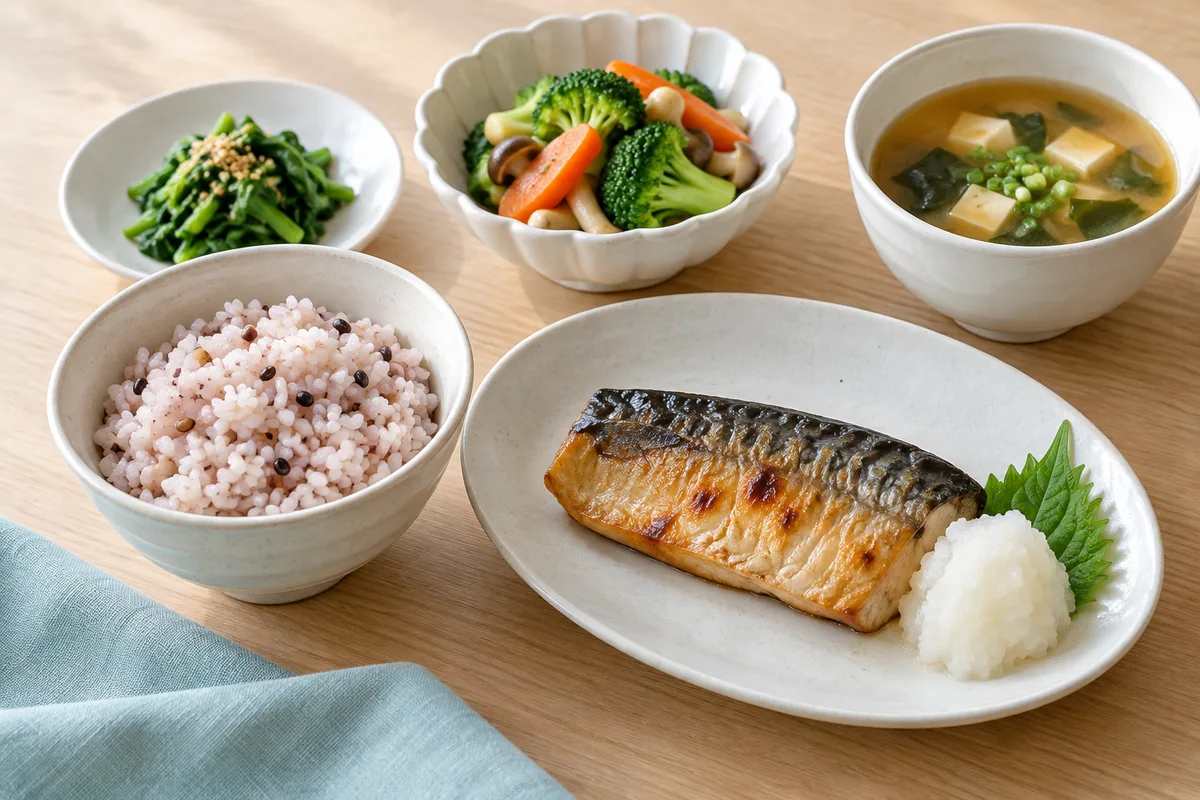 白い器に盛った、雑穀ごはんと焼き魚、蒸し野菜、味噌汁