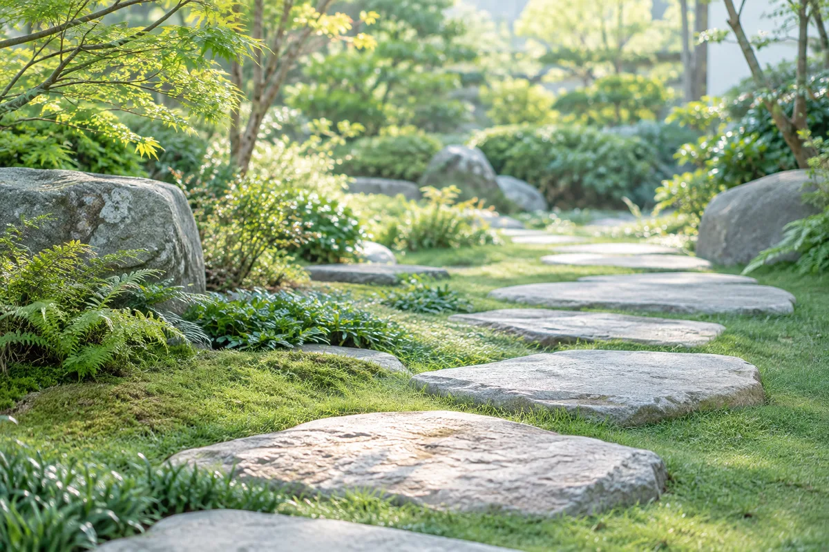 短い草の庭に続く、飛び石の小道