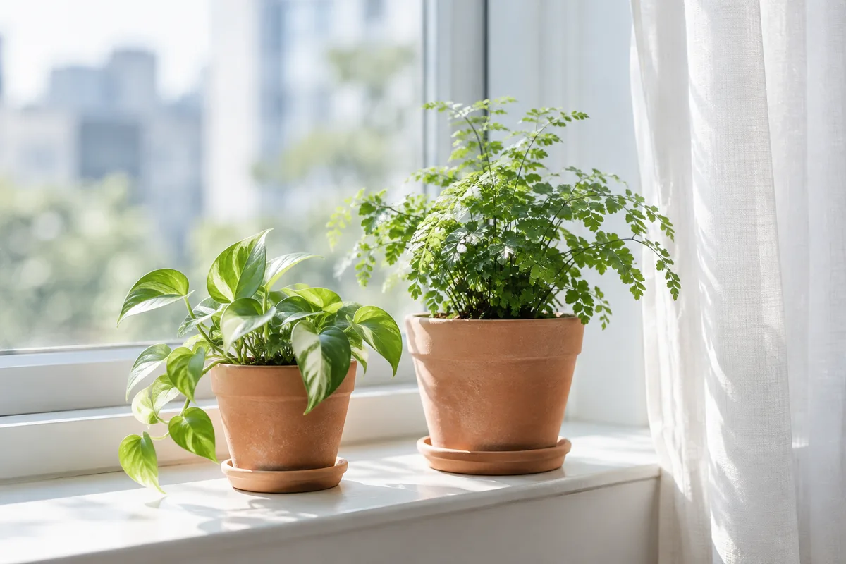 窓辺に並んだ、小さな鉢と少し大きな鉢の植物