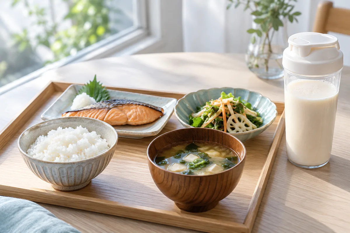 ご飯・焼き魚・サラダを並べたバランスのよい食事
