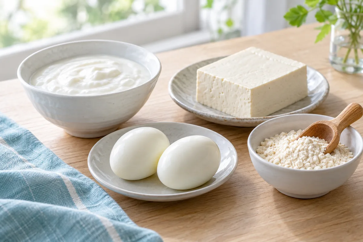 ヨーグルト・卵・豆腐と粉末を並べたテーブル