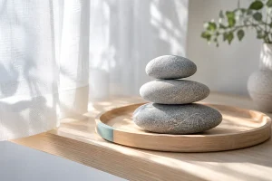 明るい棚の木のトレーにバランスよく積んだ3つの丸い石