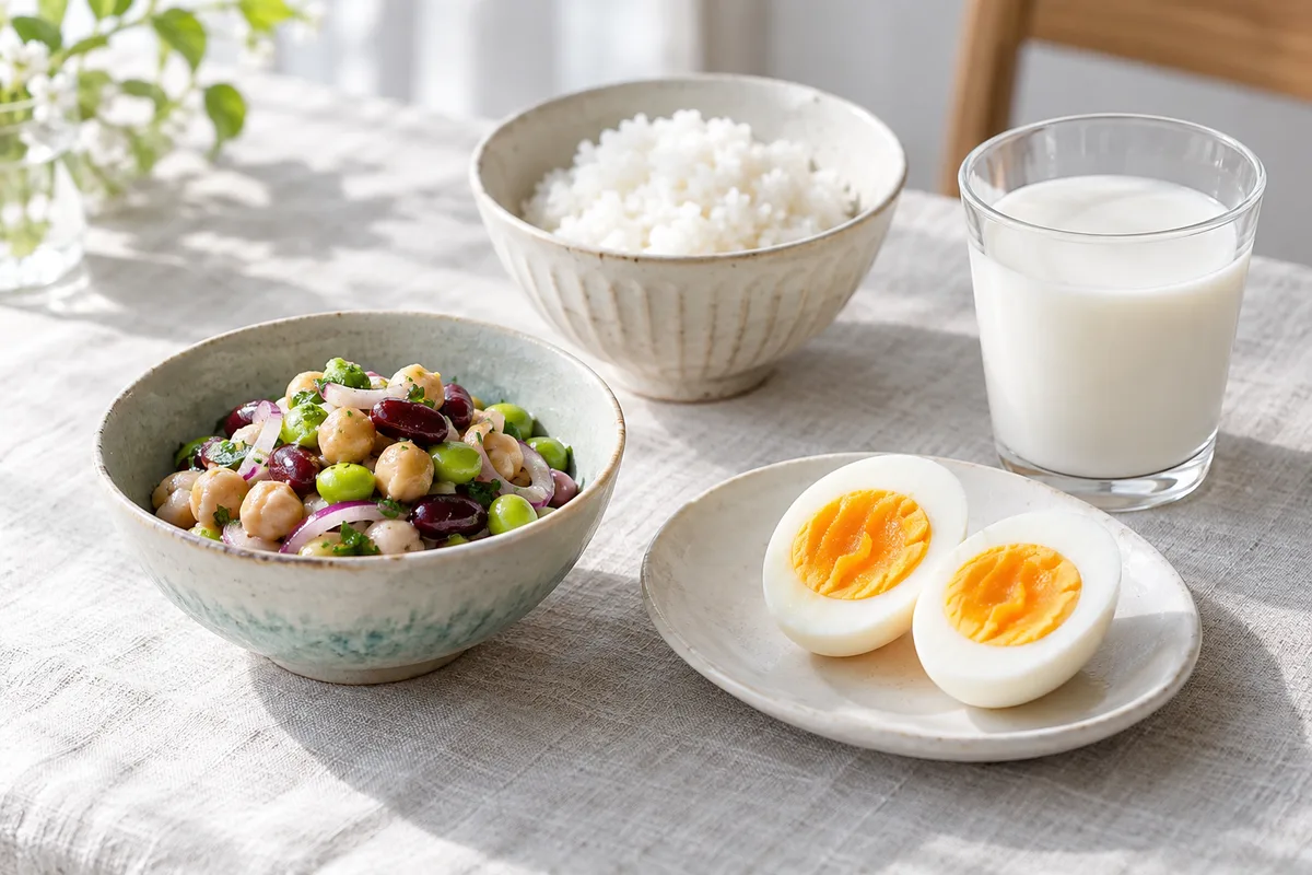 豆のサラダとゆで卵、ご飯、牛乳を並べた食卓