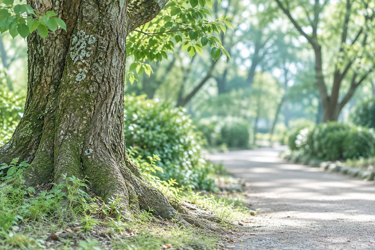 朝の光の中、公園の小道のそばに立つ大きな木の幹