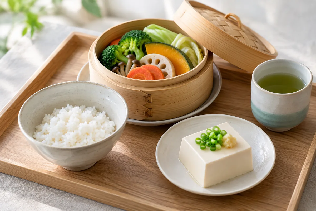 木のトレーに並べた、半量のご飯と蒸し野菜、豆腐、緑茶
