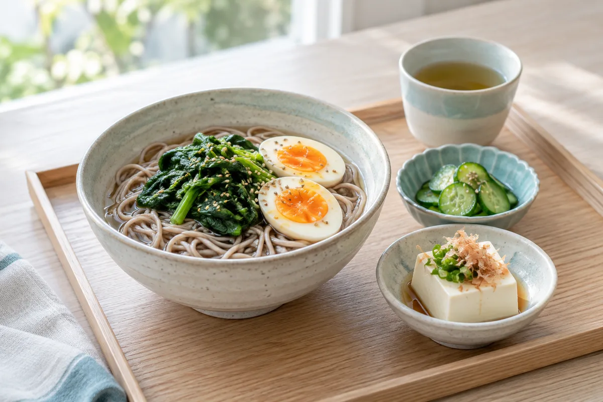 そば、卵、豆腐、野菜の小鉢をそろえた昼食の盆