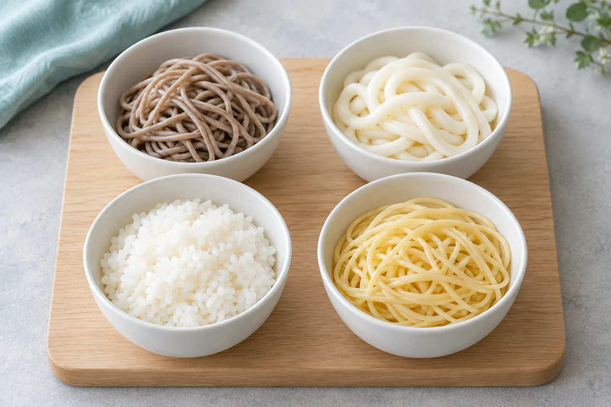 そば・うどん・ご飯・スパゲッティを入れた4つの小鉢