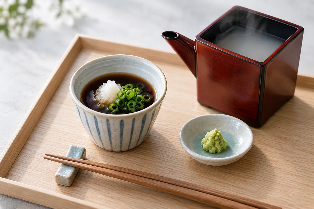 薬味を添えたつゆの器とそば湯の小さな急須