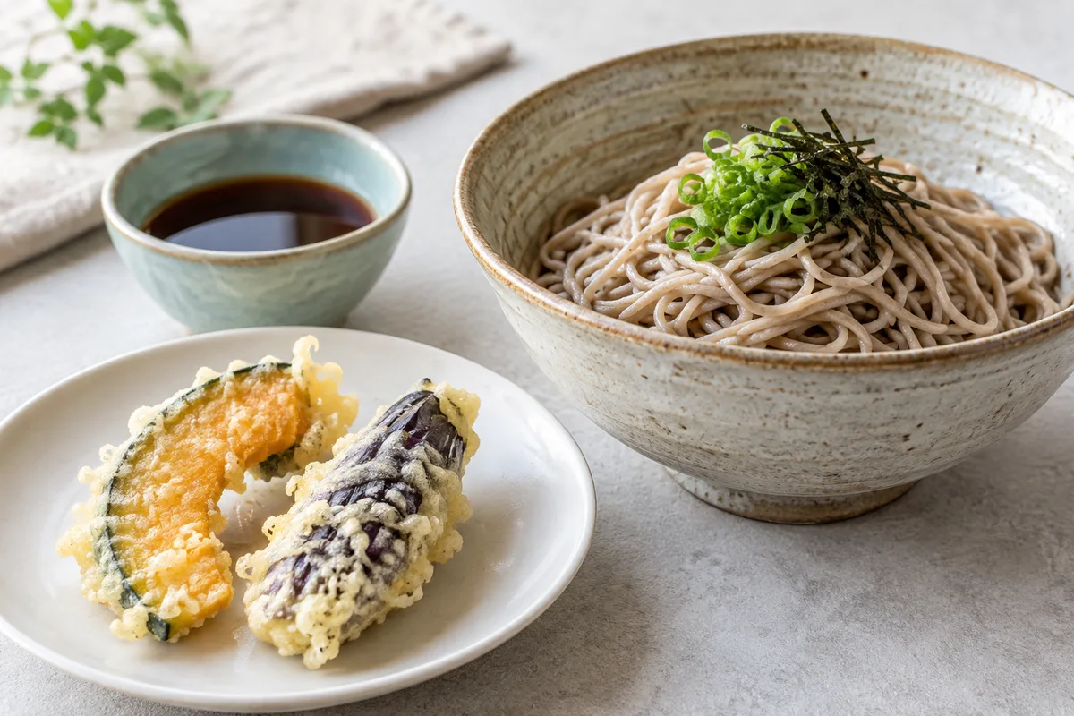 野菜の天ぷらと大盛りのそばが並ぶ食卓