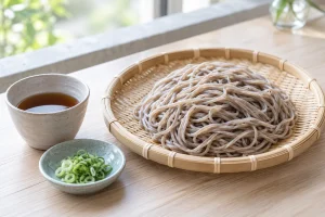 ざるに盛った冷たいそばと小さなつゆの器